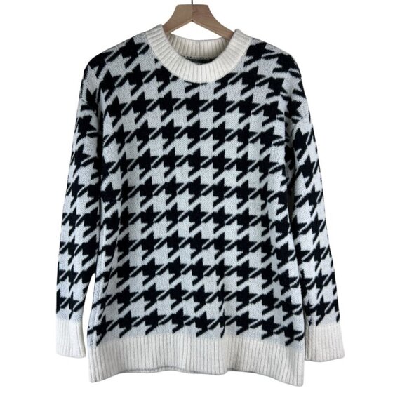 Lou & Grey White Black Houndstooth Crew Neck Tunic Sweater - Picture 2 of 6